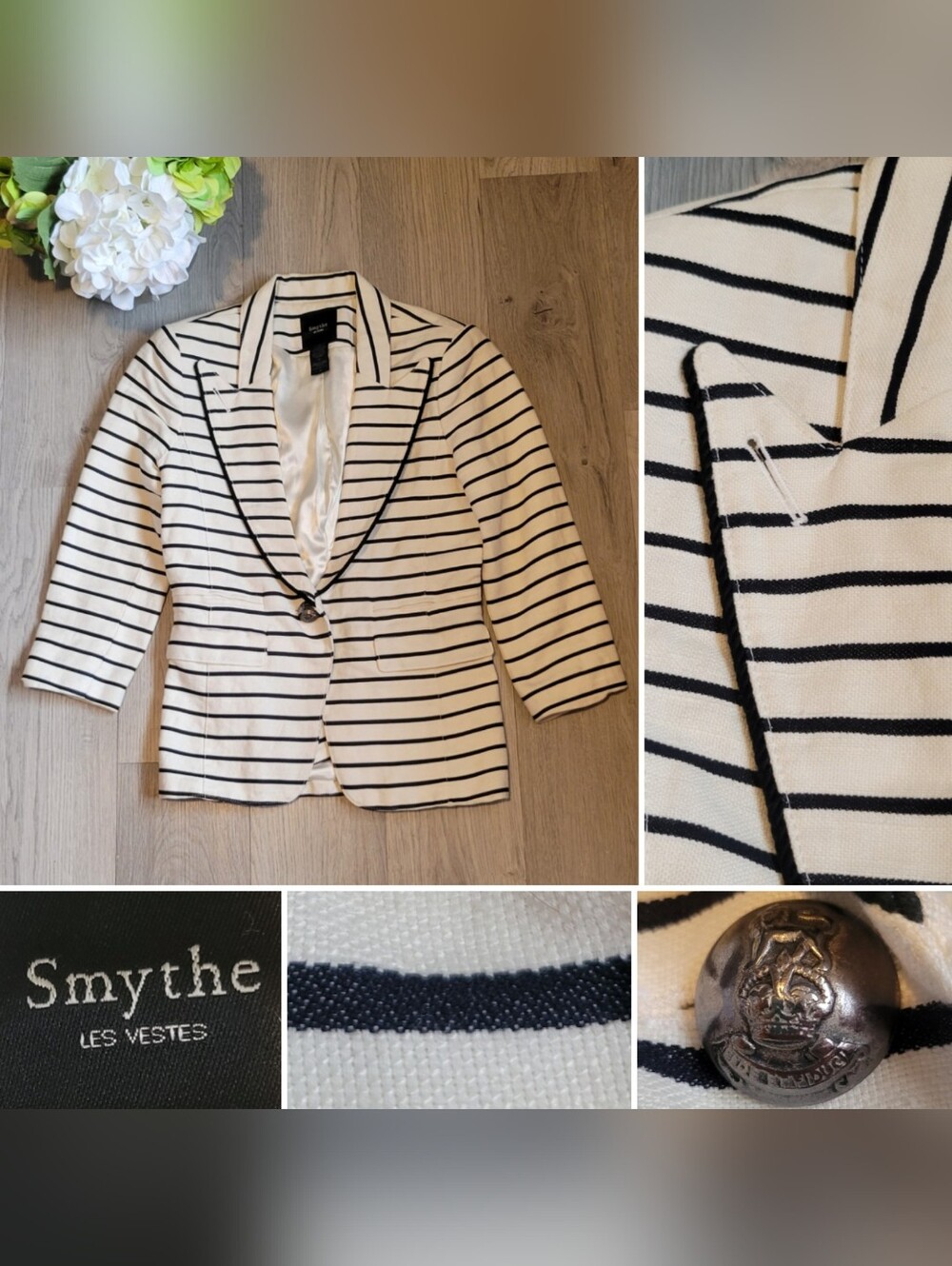Smythe Striped Nautical Linen Blend Black & Off-White 3/4 Sleeve Blazer, Women 4